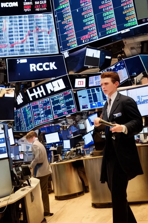 tom holland rings the opening bell at the new york stock exchange trading floor, 3 5 mm photography, highly detailed, cinematic lighting, 4 k