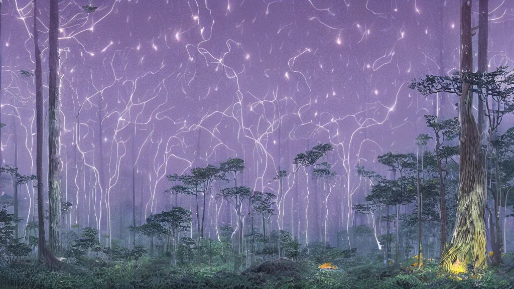highly detailed illustration of a an old giant forest with fireflies and rain at night and lots of high exposure cummulonimbus clouds, abstract minimalist white sculpture in the middle by makoto shinkai, by moebius, by oliver vernon, by joseph moncada, by damon soule, by manabu ikeda, by kyle hotz, by dan mumford, by otomo, 4 k resolution